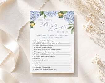 Lemons and Blue Hydrangea Printable Shower Game, Who Knows the Bride the Best, Instant Digital Download 433