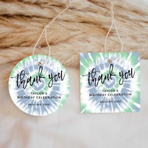 Blue Green Tie Dye Editable Party Favor Tags or Stickers 3 Sizes Circle or Square, Self-Edit Text Instant Download CORJL Template-253