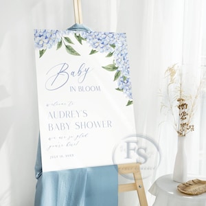 Baby in Bloom Blue Hydrangea Welcome Sign Editable Template | Baby Shower | Watercolor Blue Flowers | Edit Online, Digital Download  #428