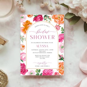 Rosa Pfingstrose Brautparty-Einladung | Brunch und sprudelnde helle Blumen im Champagnerglas | Digitaler Download, bearbeitbare Vorlage 119