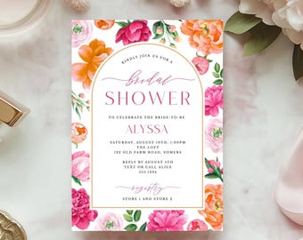 Invitación para despedida de soltera con peonías rosas / Marco de arco con flores brillantes / Descarga digital, plantilla editable 119