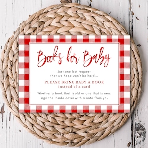 Books for Baby Insert Card, Red Check Gingham, Baby Q Shower Bring a Book, Printable Instant Download, 6200