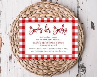 Insteekkaart voor baby's, rode gingangruit, Baby Q Shower Bring a Book, afdrukbare direct downloaden, 6200