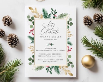 Winter Evergreen Party Invitation Template, Red Berries & Gold, Editable Digital Download for Any Event, Editable Template #236