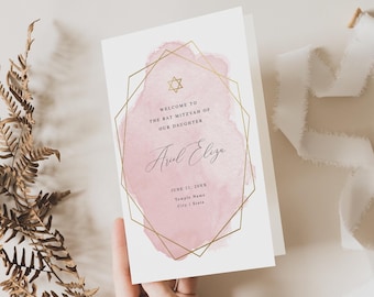 Bat Mitzvah Program Template – Pink Watercolor with Gold Geometric Frame, Folded Page Design, Digital Download, Editable Template #010