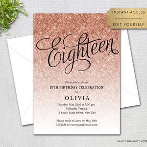 Rose Gold Glitter 18th Birthday Editable Invitation, Fancy Script Eighteen Teen Girl, Print or Text, Instant Download, Corjl Template 1435