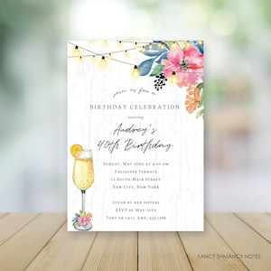 Guirlande lumineuse de fleurs, invitation d'anniversaire, cocktail mimosa, impression/texte, téléchargement immédiat, modèle Corjl 6275