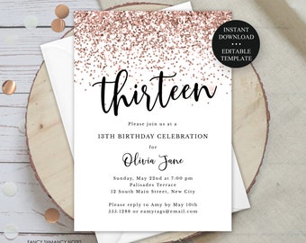 Rose Gold Glitter Editable Birthday Invitation, ANY AGE, Kids Adult Teen Girl, Print or Text, 5x7 4x6 Instant Download Corjl Template 131