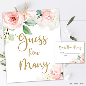 Fiori rosa ad acquerello, indovina quanti Baby Bridal Shower Game Party Activity Sign e carte Download immediato File digitale stampabile 418