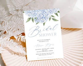 Blue Hydrangea Bridal Shower Invitation | Blue Floral | Edit Text Online | Digital Download, Editable Template 428
