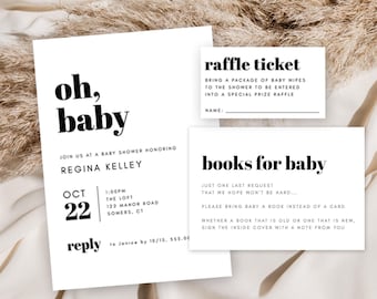 Baby Shower Set, Fully Editable Simple Chunky Print Invitation-Book Request-Diaper Raffle, Self-Edit, Instant Download, Corjl Templates-847