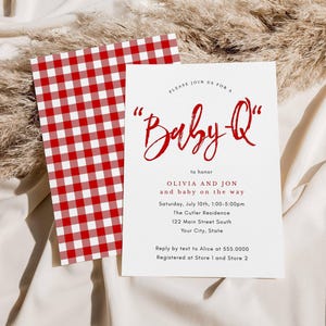 Baby Q Baby Shower Fully Editable Invitation, Gingham Check, Gender Neutral, Instant Download, Print or Text, CORJL Template #6200