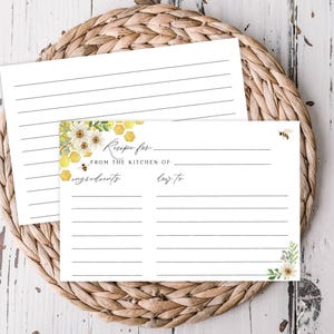 Bee Theme Printable 4x6&quot; Recipe Card Bridal Shower Recipe Card Daisies and Honey Bee, Printable Digital File Instant Download, #126