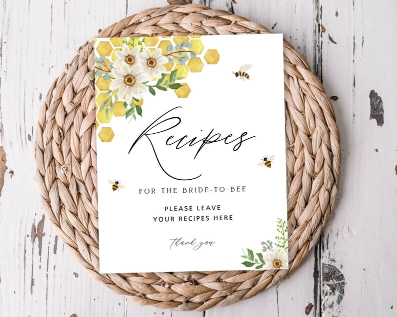 Bee Theme Recipe Card Printable Set- Invitation Insert, Recipe Card and ...