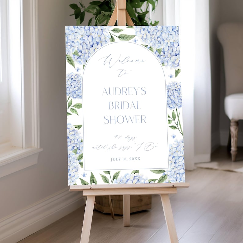 Bridal Shower Welcome Sign, Blue Hydrangea Arch, Corjl Editable Template 428 image 4