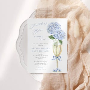 Something Blue Hydrangea Bridal Shower Invitation, Champagne Glass and Blue Floral Design, Editable Template #428