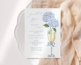 Something Blue Hydrangea Bridal Shower Invitation, Champagne Glass and Blue Floral Design, Editable Template #428