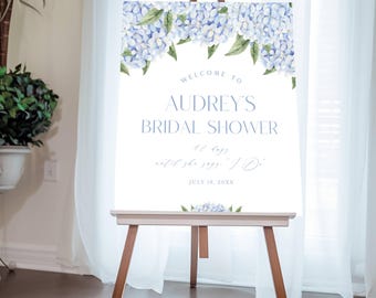 Bridal Shower Welcome Sign, Blue Hydrangea Floral Border, Corjl Editable Template 428