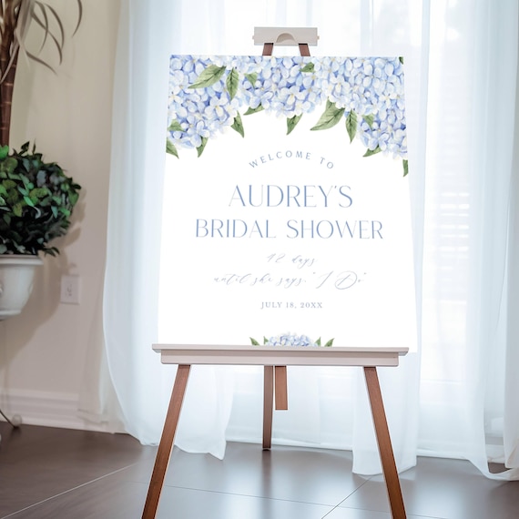 Bridal Shower Welcome Sign, Blue Hydrangea Floral Border, Corjl Editable Template 428