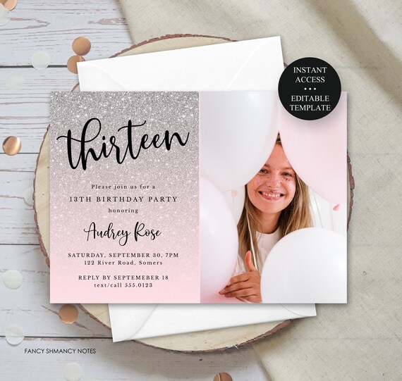 Silver Glitter Fade Pink -Any Color Birthday Photo Invitation Template ...