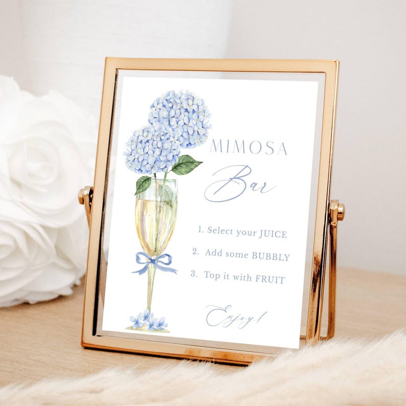 Blue Hydrangea Mimosa Bar Sign, Champagne Glass Design, Instant Download, Printable File 428 image 1