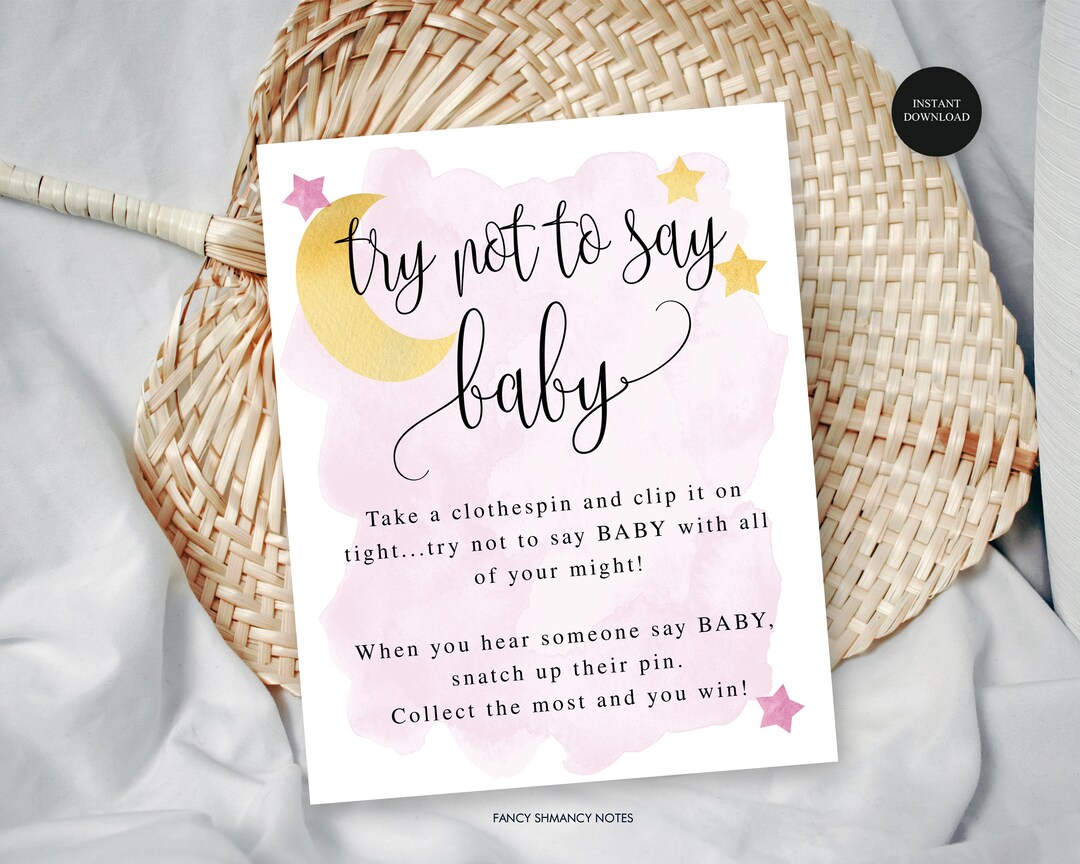 Try Not to Say Baby Shower Game Sign, Pink Watercolor Moon and Stars