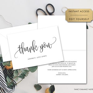Bearbeitbare personalisierte Danke gefaltete Notizkartenvorlage | Schwarz weiße minimalistische Schrift | Größe A2 | Selbst-Bearbeiten Online, Digitaler Download-916