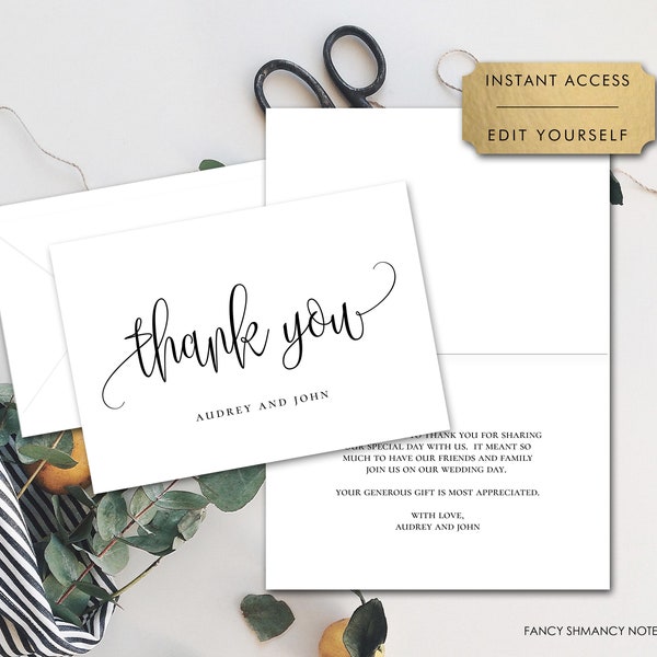 Editable Personalized Thank You Folded Note Card Black White Minimalist Script A2 Printable Self-Edit CORJL Template Instant Download 916