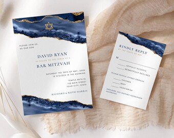 Bar mitswa-uitnodiging en bewerkbare sjabloonset voor RSVP | Marineblauw gouden agaatrotsontwerp | Mannelijk uitnodigen en reageren | Online bewerken | 137