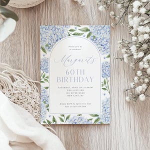 Blue Hydrangea Arch Birthday Editable Invitation for Her, Any Age, Blue Flowers, Instant Access, Print or Text, CORJL Editable Template 428