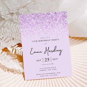 Purple Glitter Confetti Editable Birthday Invitation, ANY AGE Teen Girl Kids, 4x6 & 5x7, Print or Text, Instant Download, Corjl Template-041