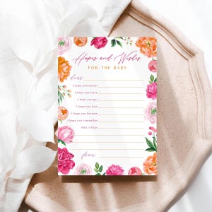 Rosa Pfingstrose Babyparty Beratung Karte | Hoffnungen und Wünsche | Helle rosa und orange Blumen Babyparty Aktivität | Sofortiger digitaler Download 119
