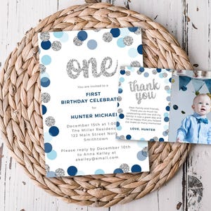 Editable First Birthday Invitation & Free Photo Thank You, Self-Edit, Any Age, Blue Silver, Print/Text, Digital Download Corjl Template 1198