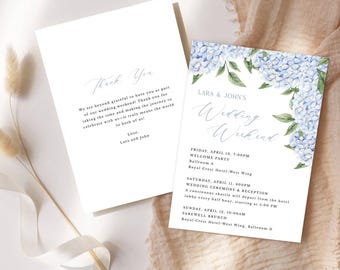 Blue Hydrangea Wedding Itinerary Card | Blue Floral | 5x7" Welcome Bag Card | Edit Text Online | Digital Download, Editable Template 428