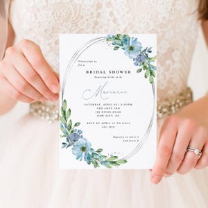 Blue Bridal Shower Editable Invitation, Blue Flowers Silver Foil Accents Floral Invite, Instant Download, Print/Text, CORJL Template 188