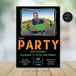 Teen Boy Kids Editable Birthday Party Invitation with Photo, 4x6 & 5x7, Edit Text and Colors, Print or Text, Editable Template #082