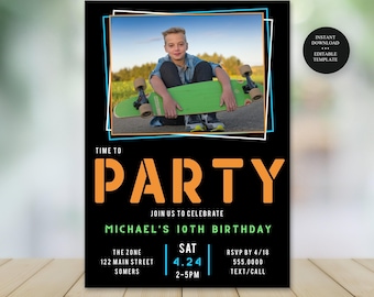 Teen Boy Kids Editable Birthday Party Invitation with Photo, 4x6 & 5x7, Edit Text and Colors, Print or Text, Editable Template #082