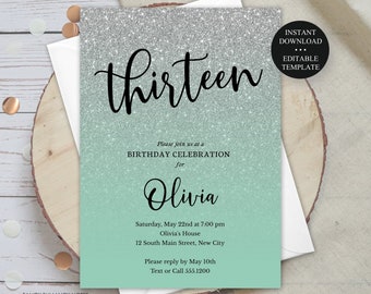 Silver Glitter Fade Teal Editable Birthday Invitation, Any Age or Background Color, Print or Text, Instant Download, Corjl Template #096