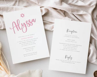 Invitación editable para Bat Mitzvah, todo en uno, con purpurina rosa y plateada, texto en el reverso, estrella de David opcional, descarga instantánea de la plantilla CORJL 079