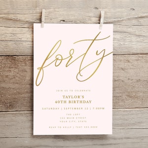 40th Birthday Invitation Gold Script Letters Forty or ANY AGE Adult Invite Woman Girl, Self-Edit, Custom Colors, Corjl Editable Template-177 image 3