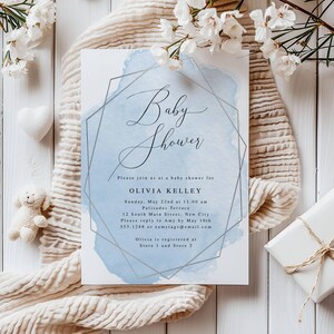 Light Blue Baby Shower Editable Invitation Template |  Blue with Silver Frame | Baby Boy Shower | Edit Online, Digital Download-012