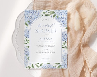 Blue Hydrangea Bridal Shower Editable Invitation, Watercolor Flower Arch, Corjl Template #428
