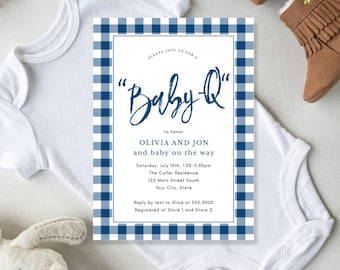 Baby Q Baby Shower Barbeque Editable Invitation, Edit Text and Colors, Blue Gingham Check, Print or Text CORJL Editable Template-6200
