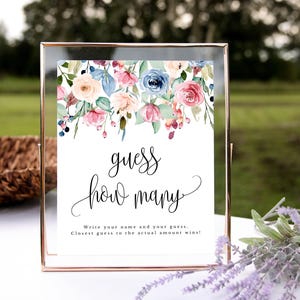 Guess How Many Printable Shower Party Game Sign Pretty Flowers and Calligraphy Design, Instant Download, Printable Digital File, 159