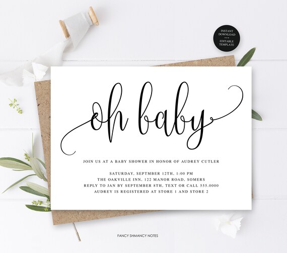 Oh Baby Script Calligraphy Baby Shower Editable Invitation Etsy
