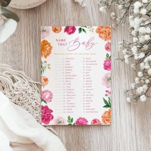 Rosa Pfingstrose Babyparty Spielkarte | Name dass Baby | Helle rosa und orange Blumen Babyparty Aktivität | Sofortiger digitaler Download 119