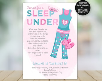 Sleep Under Editable Birthday Pajama Party Invitation, Edit Yourself, 5x7 & 4x6, Print or Text, Instant Download, Corjl Template #056