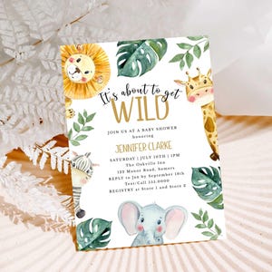 Jungle Theme Baby Shower Editable Invitation, Cute Animals-About to Get Wild, Print or Text, Instant Download, CORJL Template-142