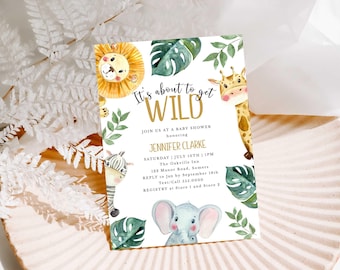 Jungle Theme Baby Shower Editable Invitation, Cute Animals-About to Get Wild, Print or Text, Instant Download, CORJL Template-142