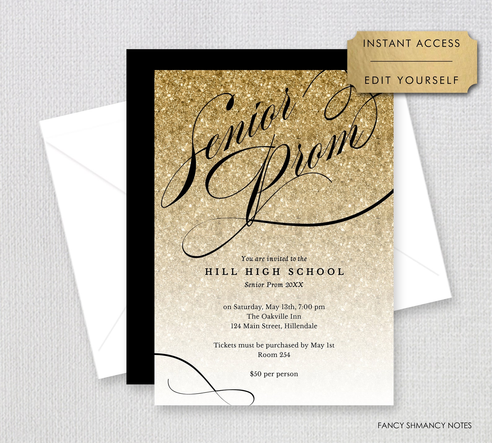 Prom Invitation Senior Prom Gold Glitter Editable Etsy